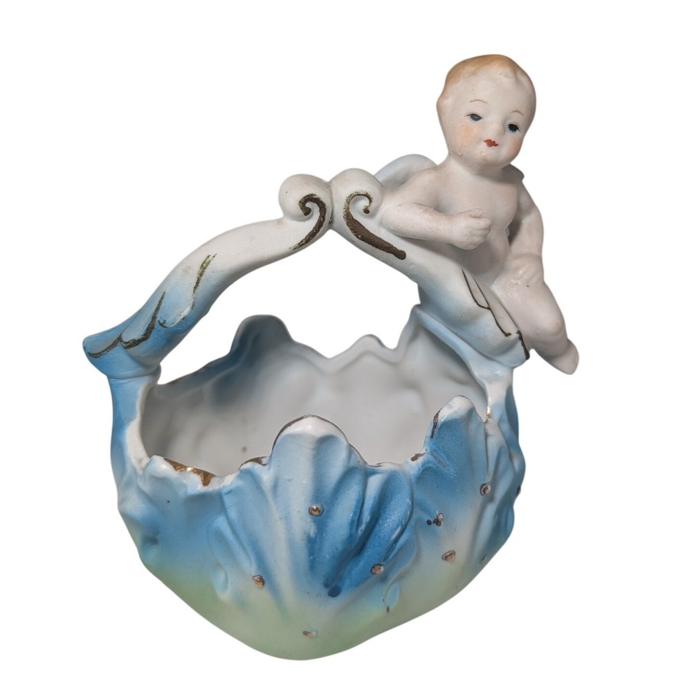 Vintage Made in Occupied Japan Cherub Cupid Porcelain Trinket Dish Blue‎ Gold